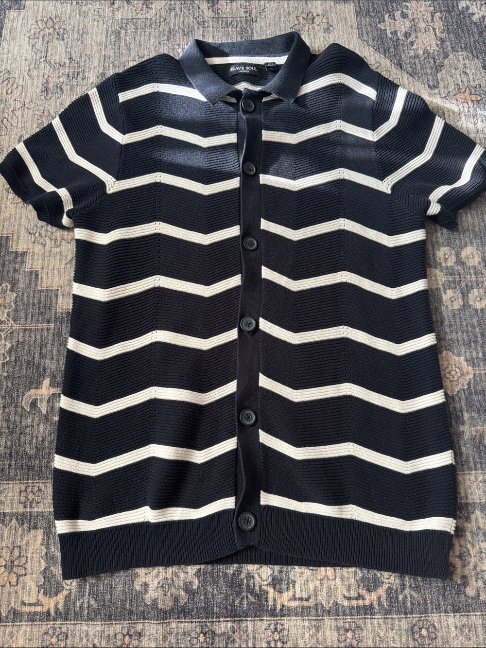 Brave Soul Black and White Striped Button-Front Knit Top